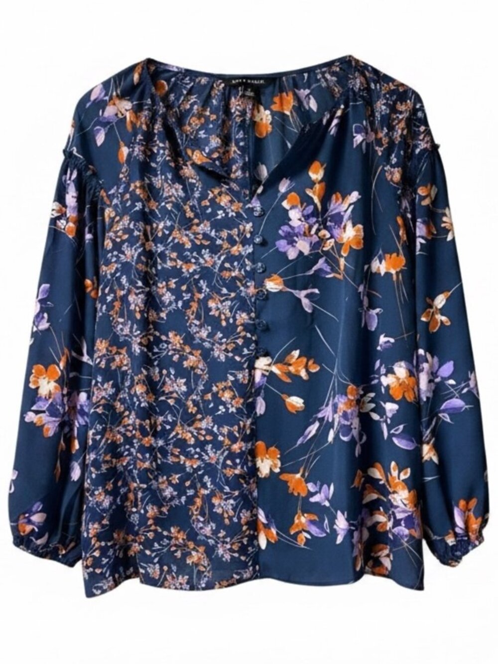 Zac & Rachel Long-Sleeve Navy Floral Blouse with Lavender & Orange Blossoms - Picture 2 of 16
